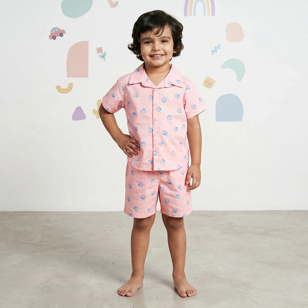 Boys Pink Seashell Printed Short Sleeve Shirt With Printed Elasticated Shorts Sets Sets Pink 6-9 M