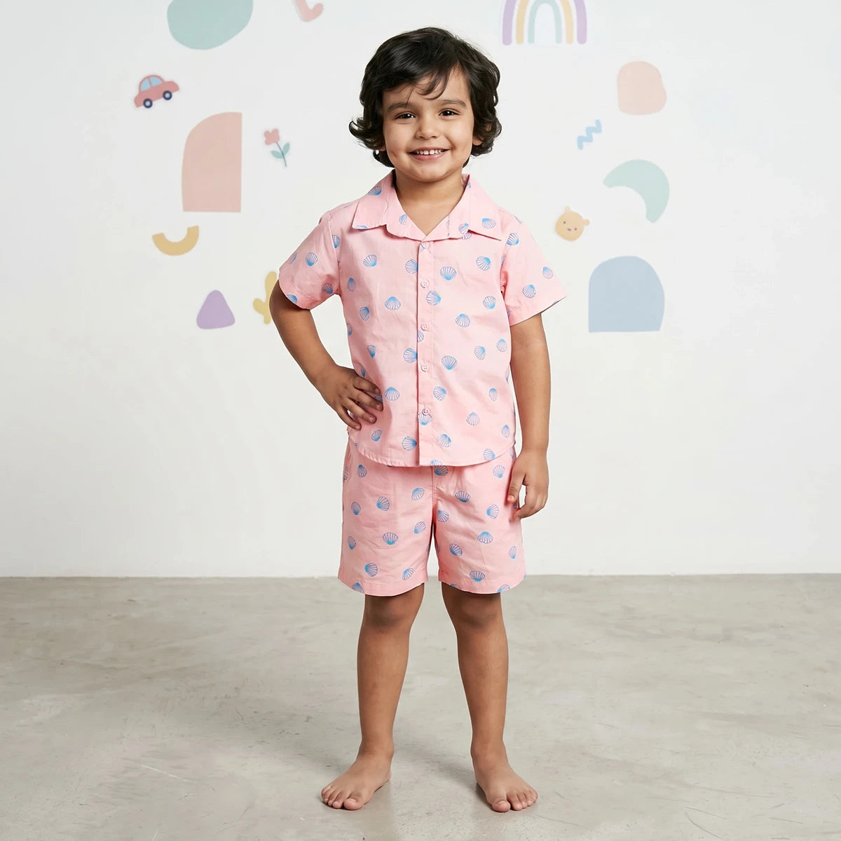 Boys Pink Seashell Printed Short Sleeve Shirt With Printed Elasticated Shorts Sets Sets Pink 6-9 M