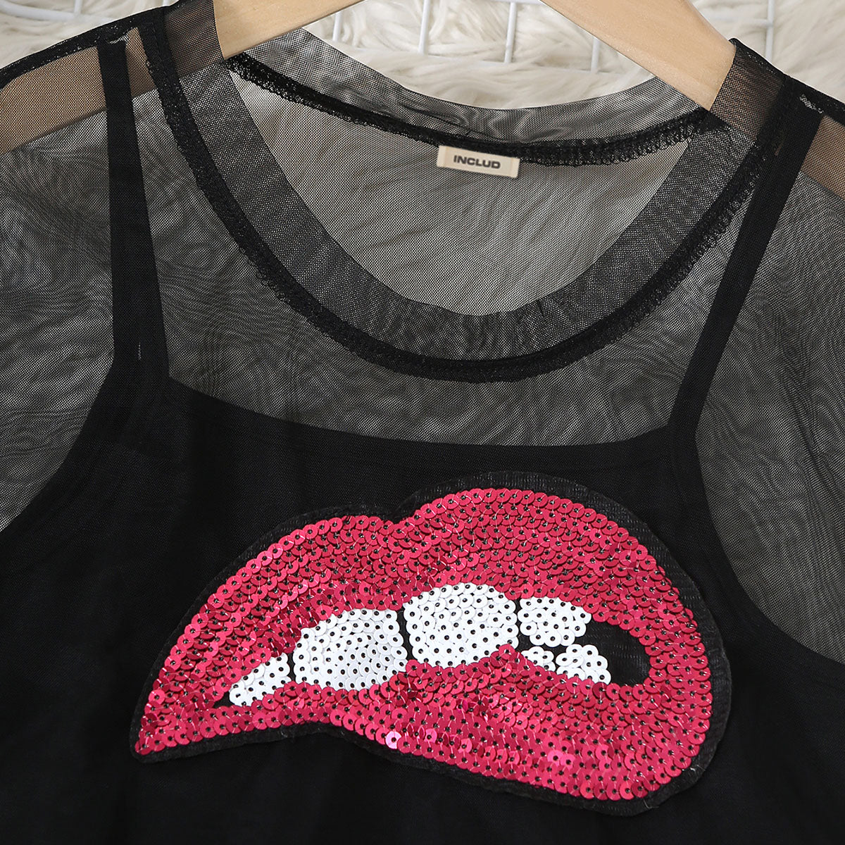 Girls Black Bodycon Dress With Sequin Lip Mesh Sheer Top Casual Dresses