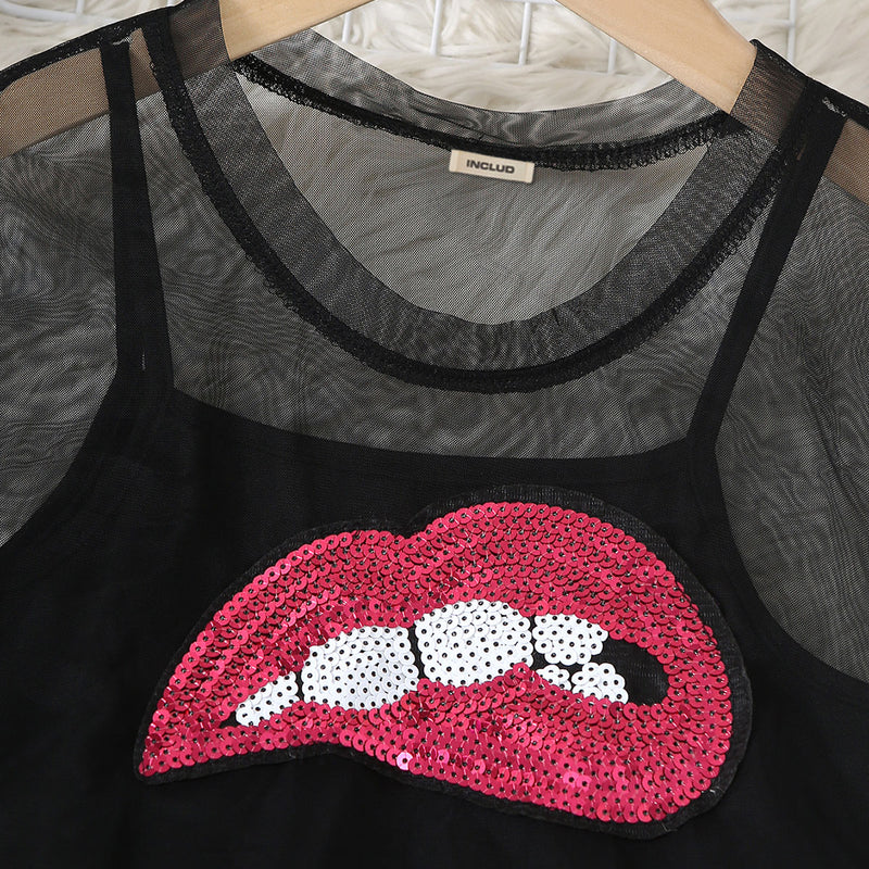 Girls Black Bodycon Dress With Sequin Lip Mesh Sheer Top Casual Dresses