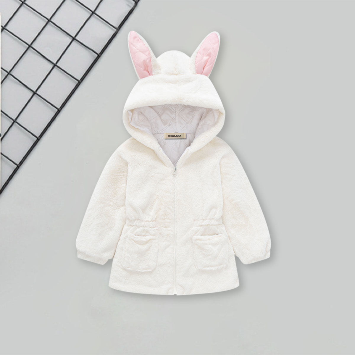 Girls White Solid Polar Fleece Ear Hooded Jacket Coats & Jackets White 1-2 Y