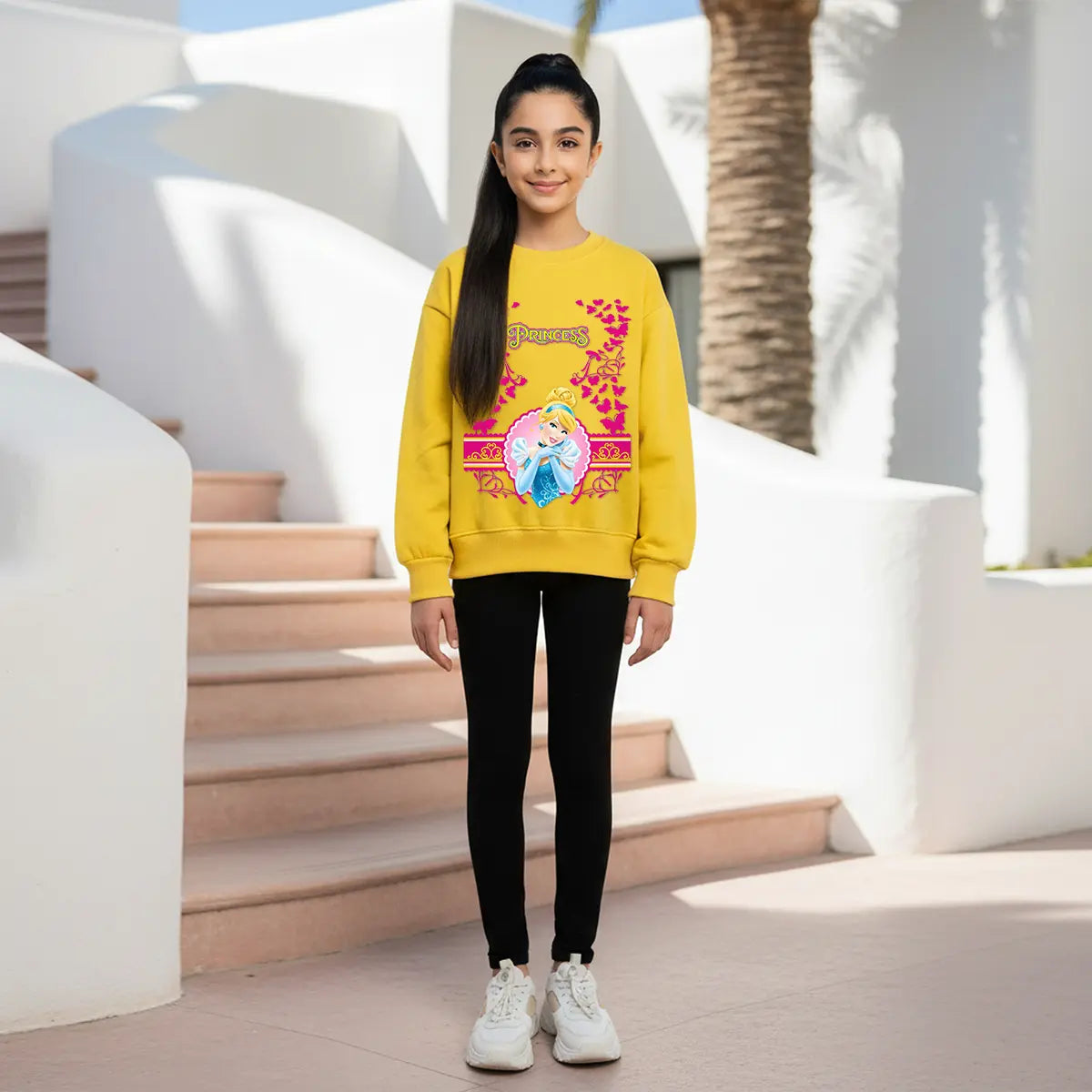 Girls Yellow Princess Graphics Round Neck Sweatshirt Sweatshirts & Hoodies Yellow 3-4 Y