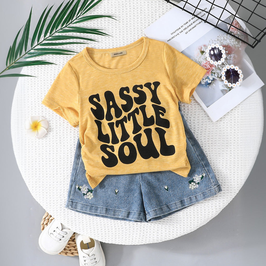 Girls Yellow Printed T-shirt with Embroidered Denim Shorts Set Sets Yellow 3-4 Y