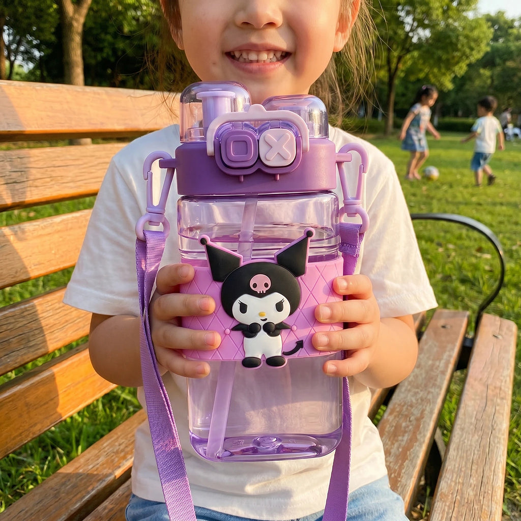 Cute Kids Purple Dual Spout Water Bottle with Straw, Leakproof Lid & Adjustable Strap Trending Accessories