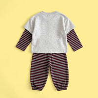 Girls Grey Graphic T-Shirt With Striped Pants Sets Sets