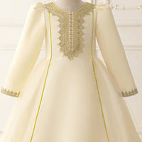Girls Cream Embroidered Fit & Flare Dress With Long Sleeves Casual Dresses