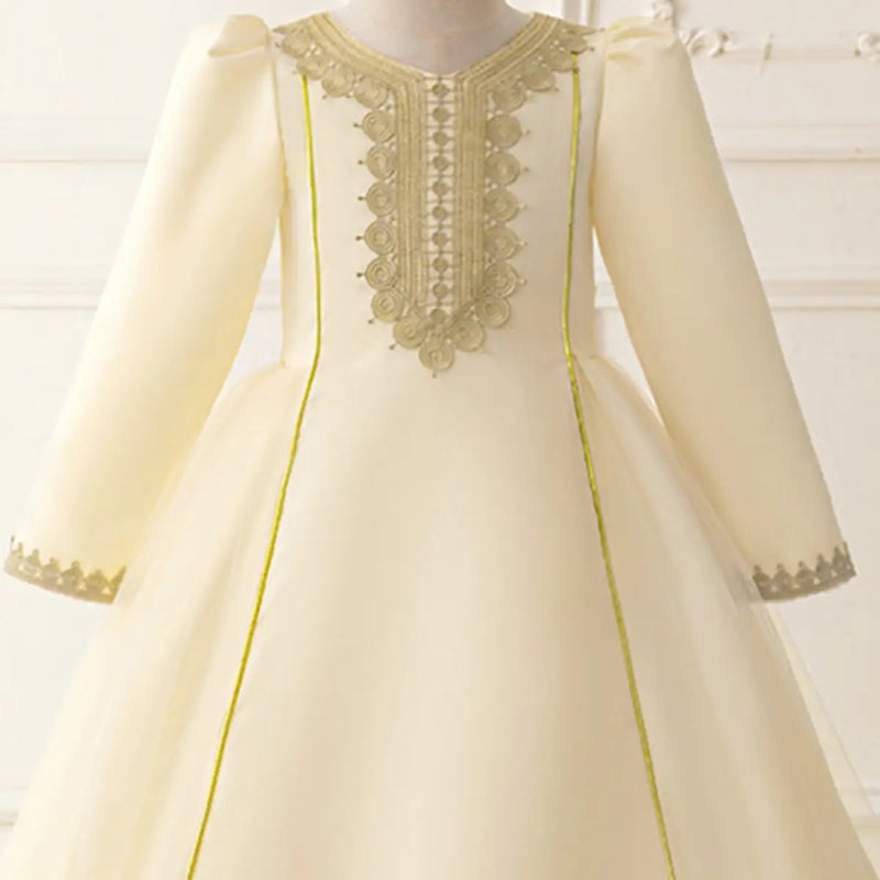 Girls Cream Embroidered Fit & Flare Dress With Long Sleeves Casual Dresses