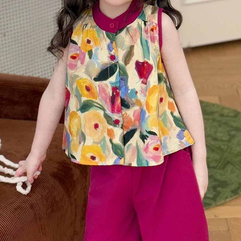 Girls Pink Printed Mandarin Collar Top with Elasticated Balloon Pants Set Sets
