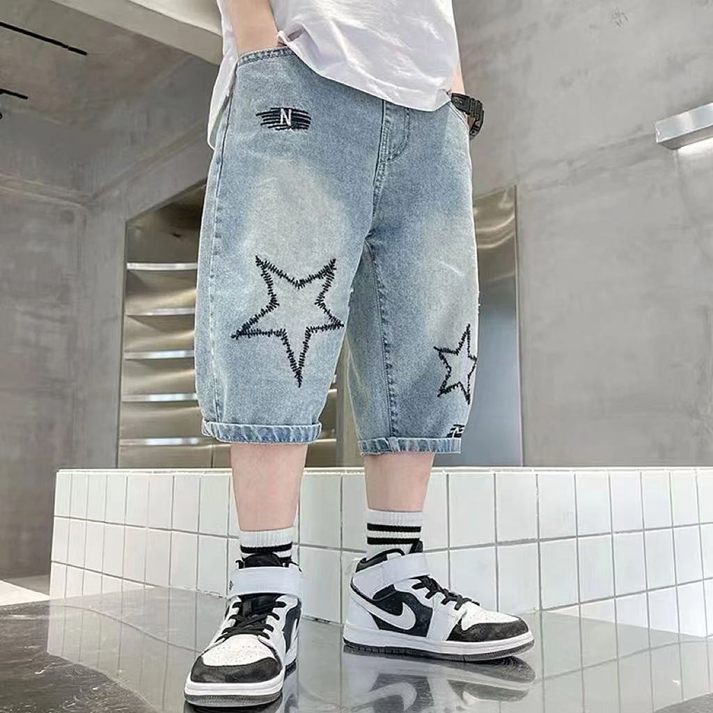 Boys Light Blue Star Embroidered Relaxed Fit Denim Shorts Shorts