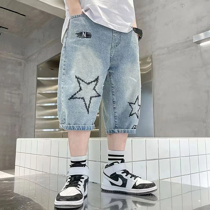 Boys Light Blue Star Embroidered Relaxed Fit Denim Shorts Shorts