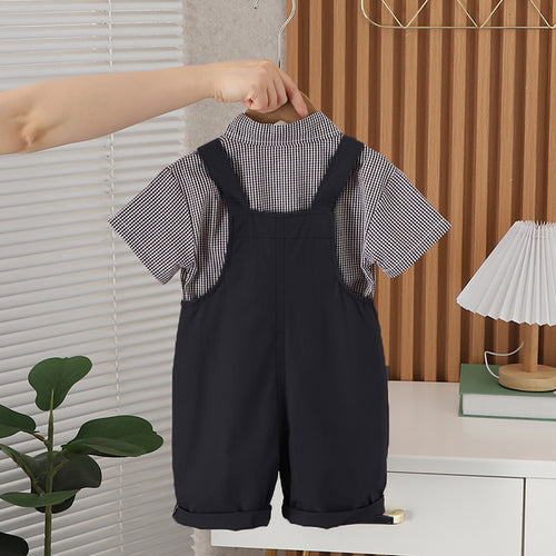 Boys Black Gingham Check Shirt With Embroidery Applique Dungaree Set 2 pc. Sets