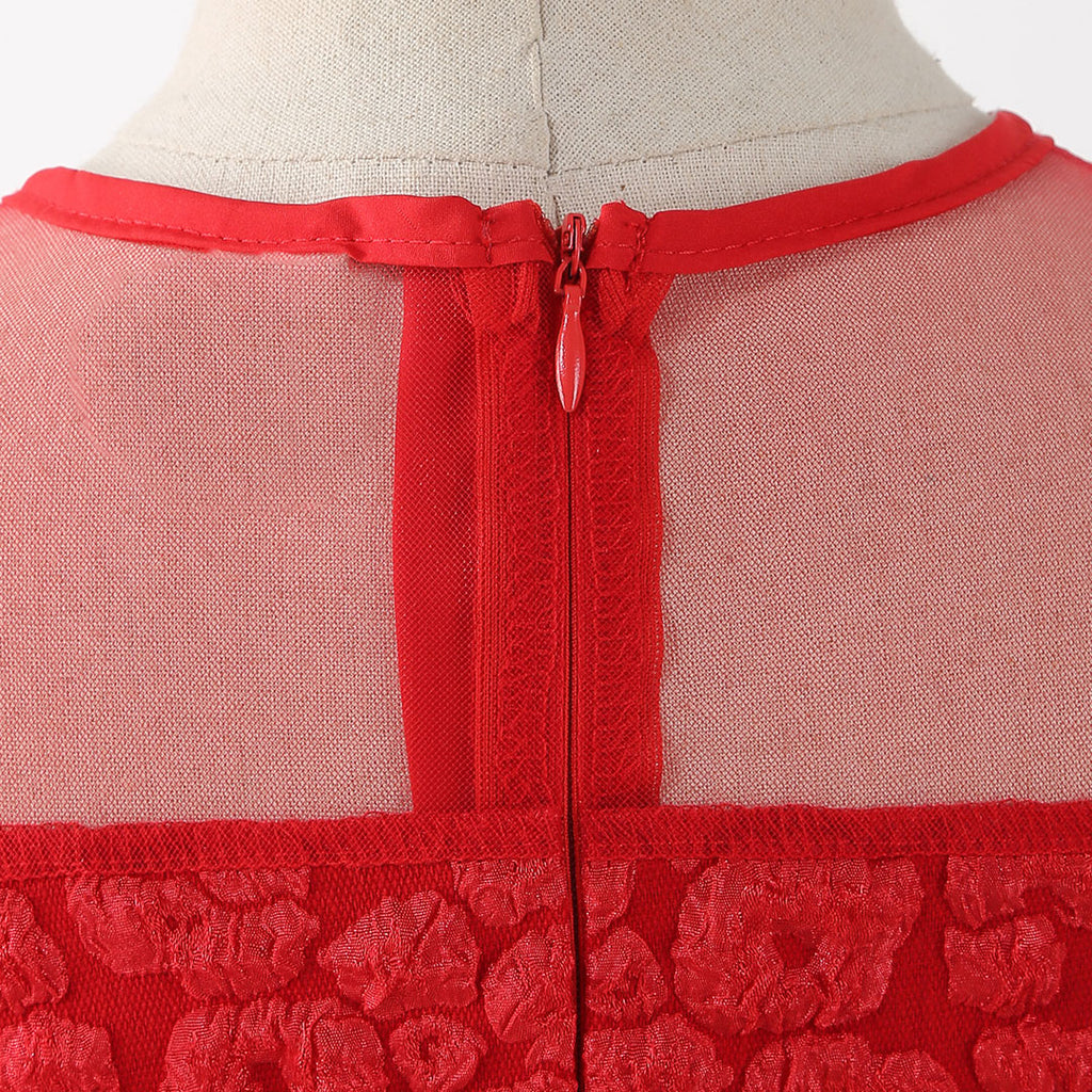 Girls Red Puff Sleeve Fit & Flare Textured Dress Casual Dresses