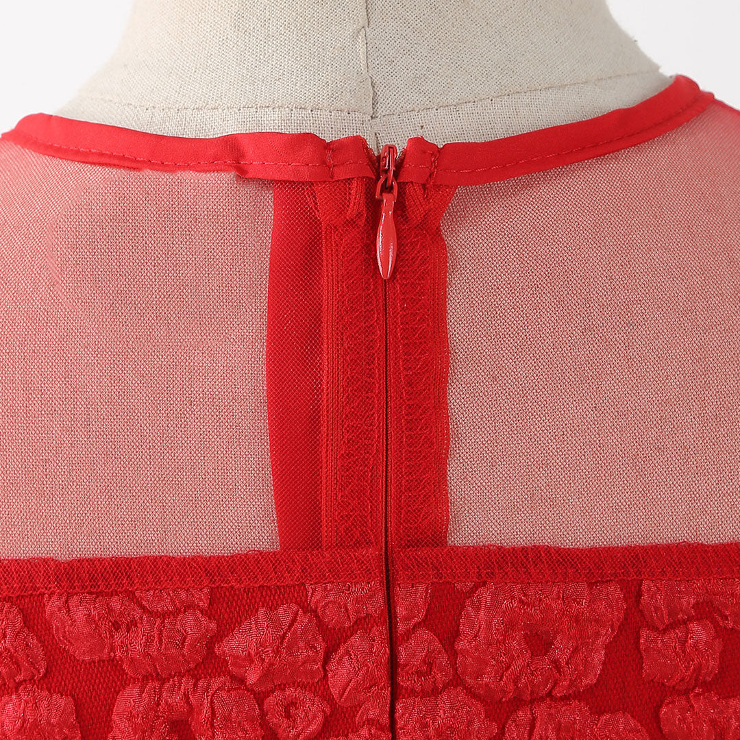Girls Red Puff Sleeve Fit & Flare Textured Dress Casual Dresses