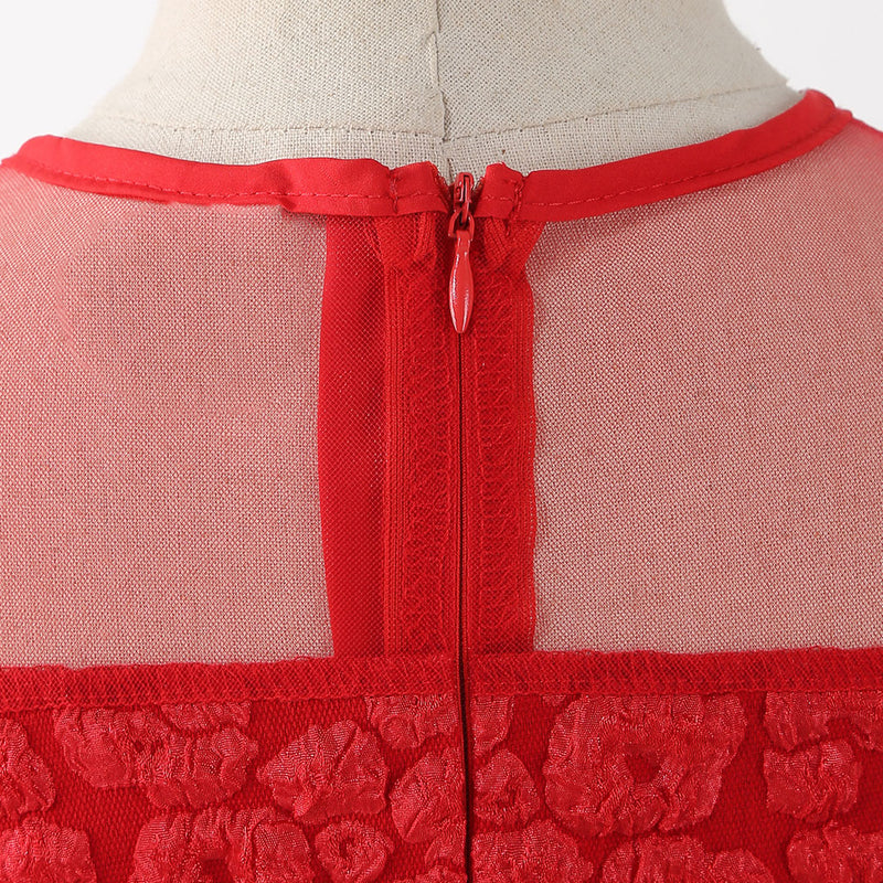 Girls Red Puff Sleeve Fit & Flare Textured Dress Casual Dresses