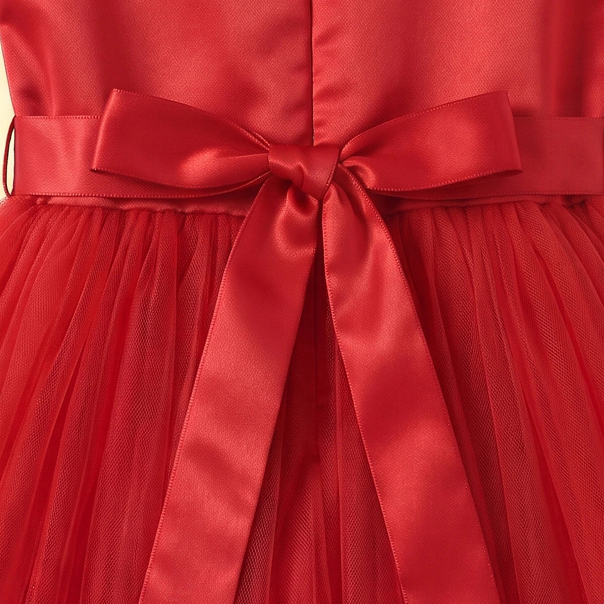 Girls red sleeveless party gown with tulle skirt and applique