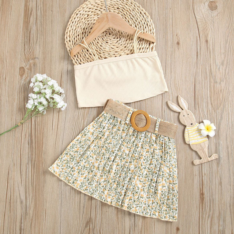 Girls Camisole Top With Floral Printed Pleated Skirt Set Sets Beige 1-2 Y 