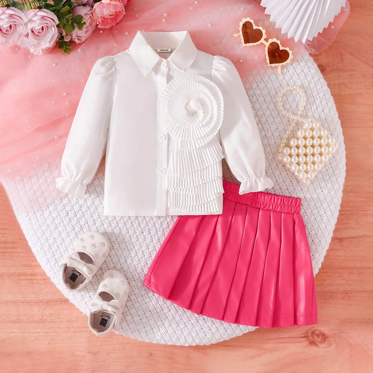 Girls Ruffle Applique Top With Pink Faux Leather Pleated Skirt Sets Sets