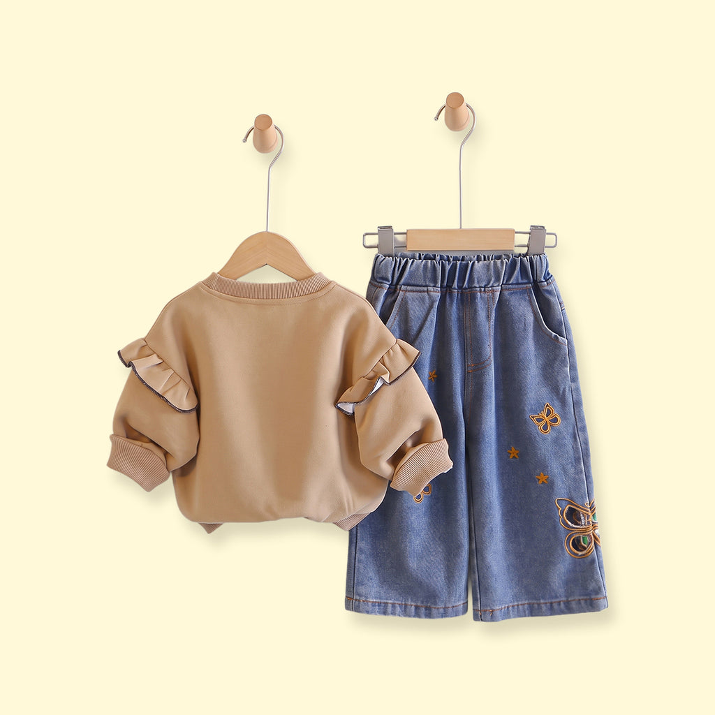 Girls Khaki Graphic Ruffled Sweatshirt & Denim Pants Sets Sets