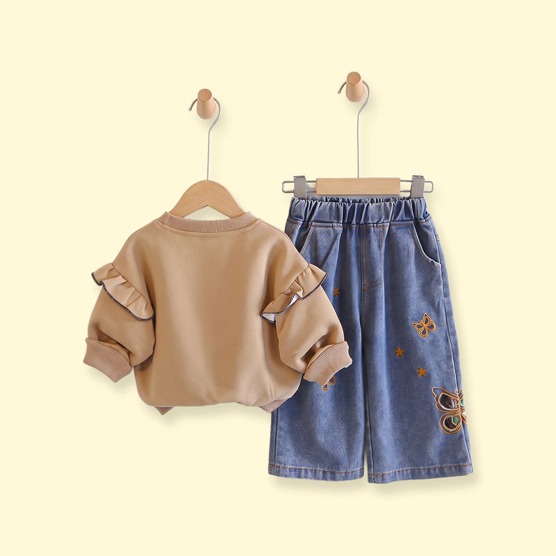 Girls Khaki Graphic Ruffled Sweatshirt & Denim Pants Sets Sets