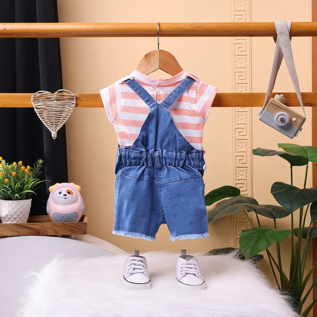 Girls Orange Stripe T-Shirt With Heart Embroidered Dungaree Sets 2 pc. Sets