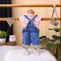 Girls Orange Stripe T-Shirt With Heart Embroidered Dungaree Sets 2 pc. Sets