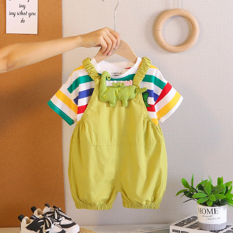Boys Short Sleeve T-Shirt With Lime Green Dinosaur Applique Dungaree Sets 2 pc. Sets Lime Green 1-2 Y