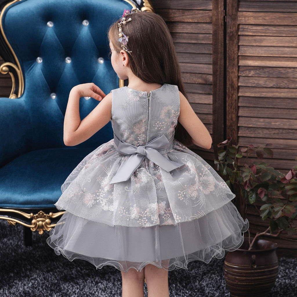 Girls Grey Sleeveless Embroidered Party Wear Balloon Dress Party Dresses