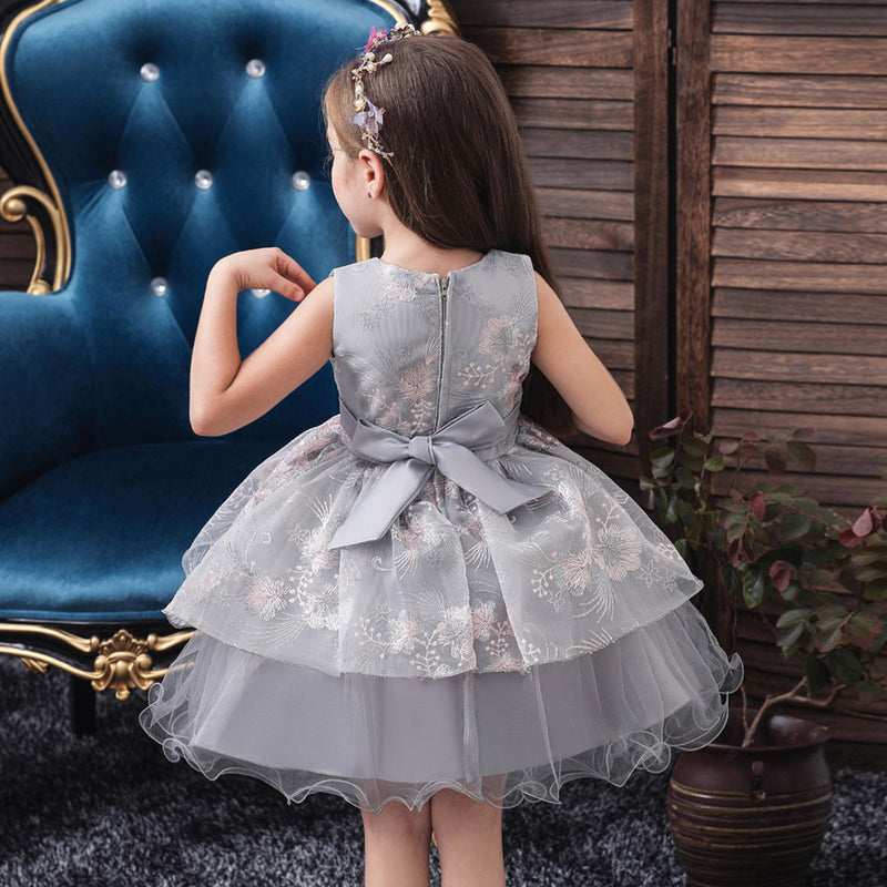 Girls Grey Sleeveless Embroidered Party Wear Balloon Dress Party Dresses
