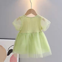 Girls Green Puff Sleeves Casual Dress with Statement Bow Casual Dresses