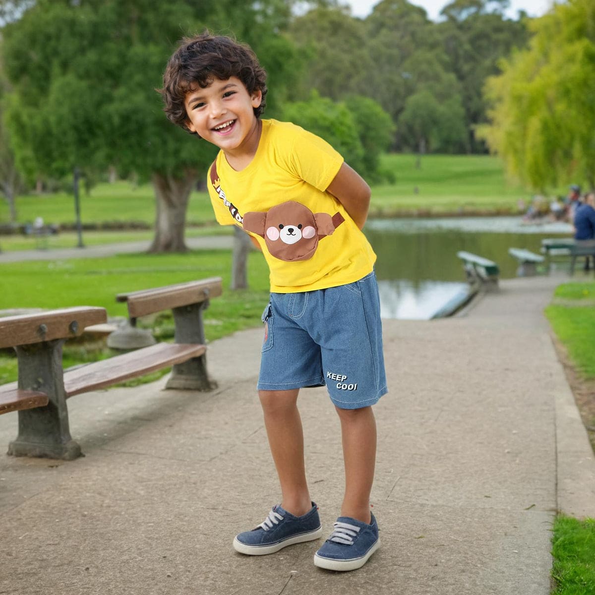 Boys Yellow 3D Patch Applique T-shirt & Denim Shorts Set Sets   