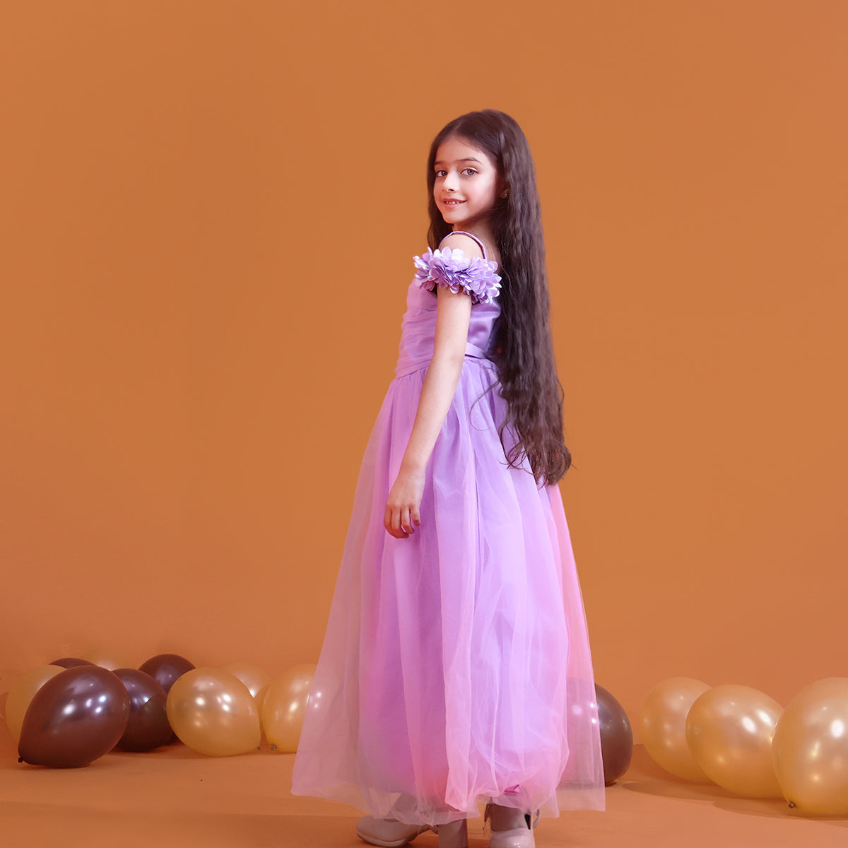 Girls Lavender Gathered Off-Shoulder Tulle Party Gown Party Dresses