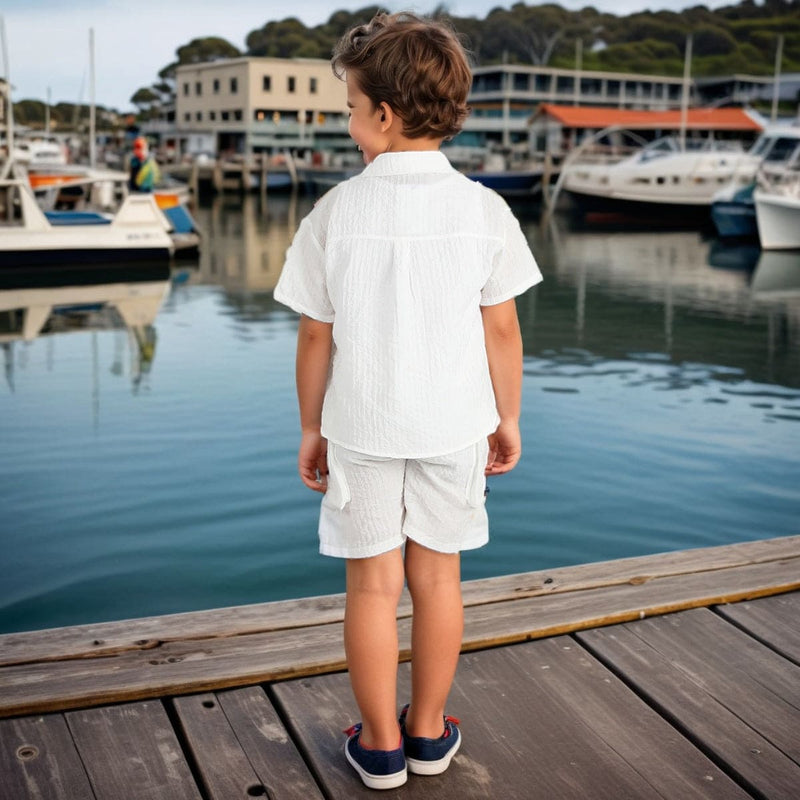 Boys White Printed Shirt with Shorts Set Sets