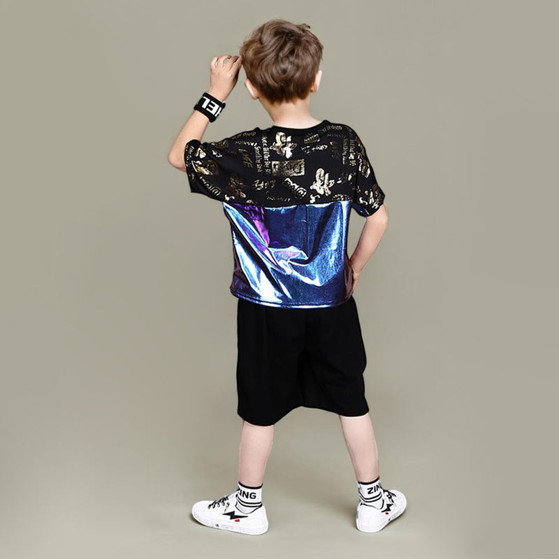 Boys Blue Metallic T-shirt with Printed Shorts Set Sets