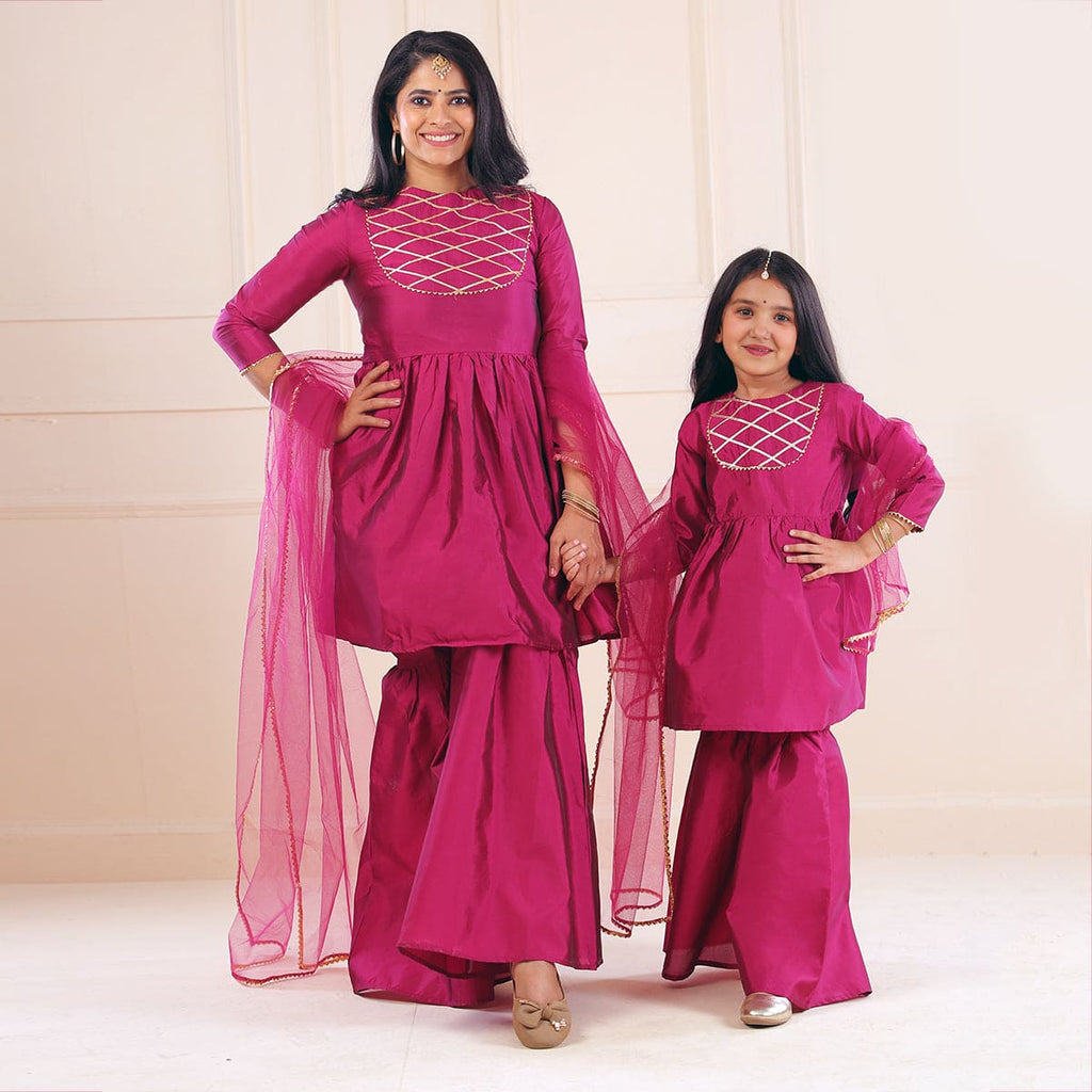 Wine Mom & Daughter Kurta-Sharara with Dupatta Set Mom & Daughter Wine S 1-2 Y