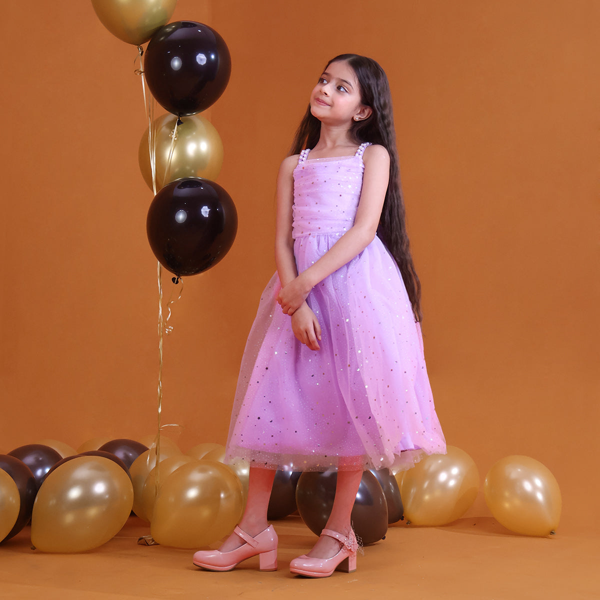Girls Lilac Glitter Tulle Party Dress with Beaded Straps Party Dresses