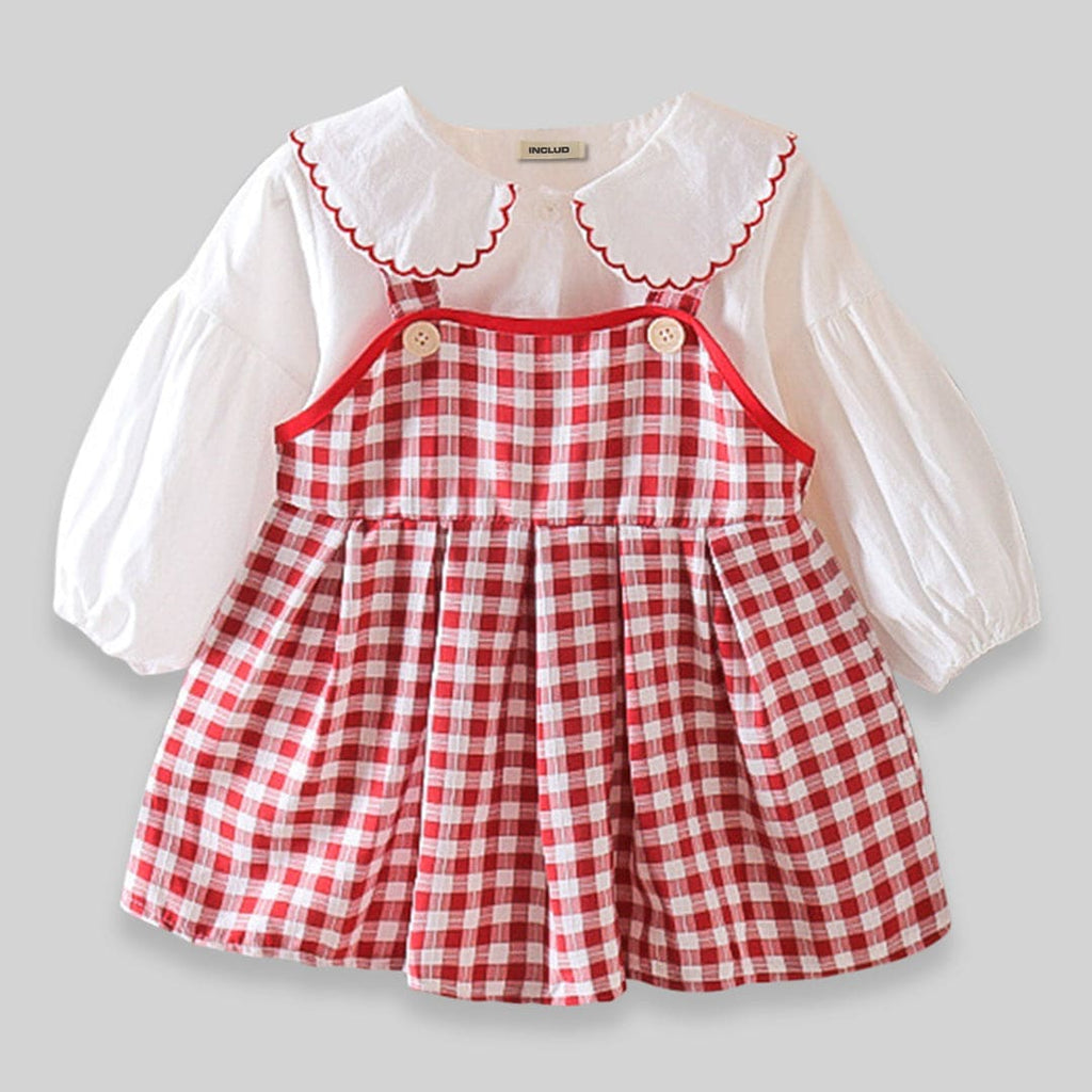 Girls Red Peter Pan Collar Checked Checked Regular Sleeves Maxi