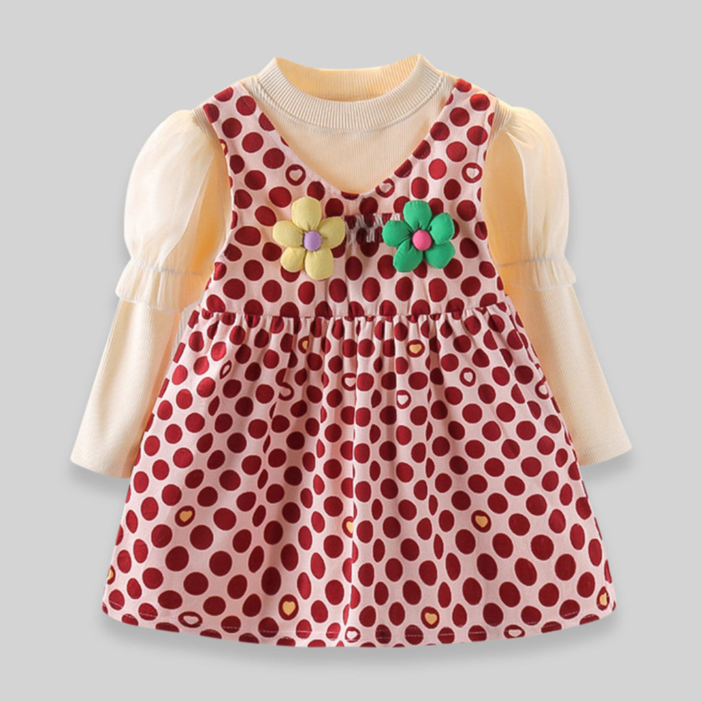 Girls Polka Dot Dress with Flower Applique