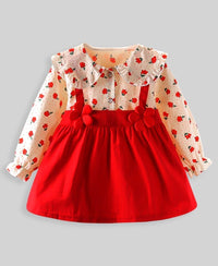 Girls Red Printed Dress With Applique Casual Dresses   