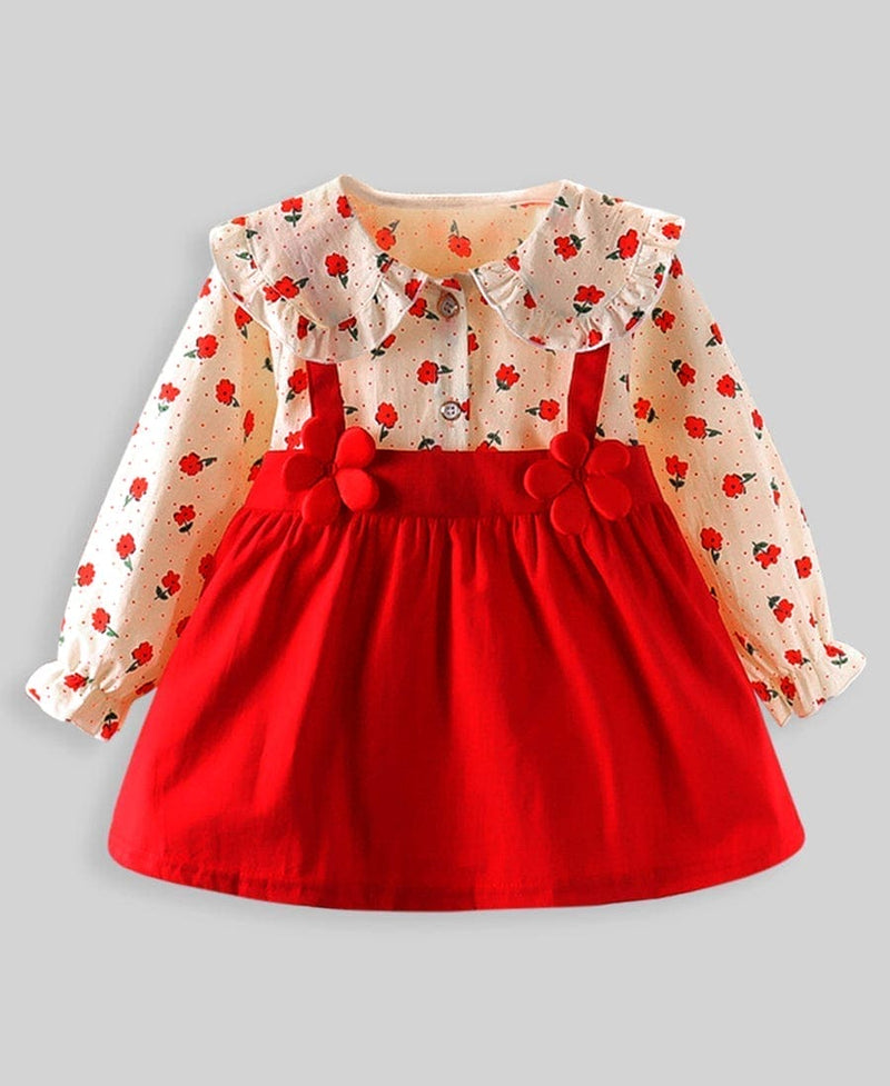Girls Red Printed Dress With Applique Casual Dresses   