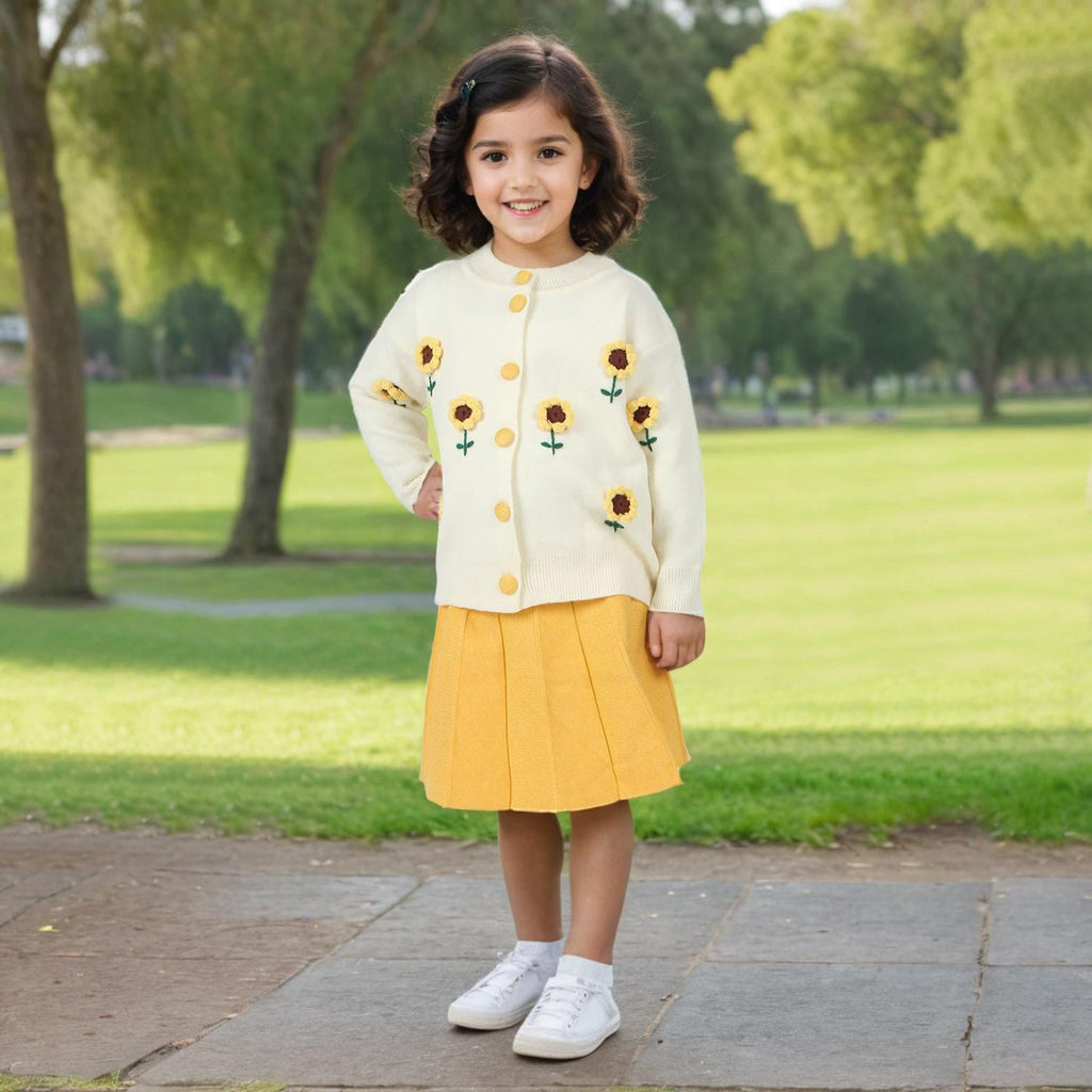 Girls Yellow Embroidered Cardigan with Pleated Skirt Set Sets Yellow 1-2 Y 