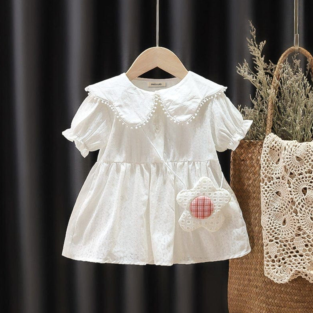 Girls Peter Pan Collar Dress with Sling Bag Casual Dresses White 1-2 Y