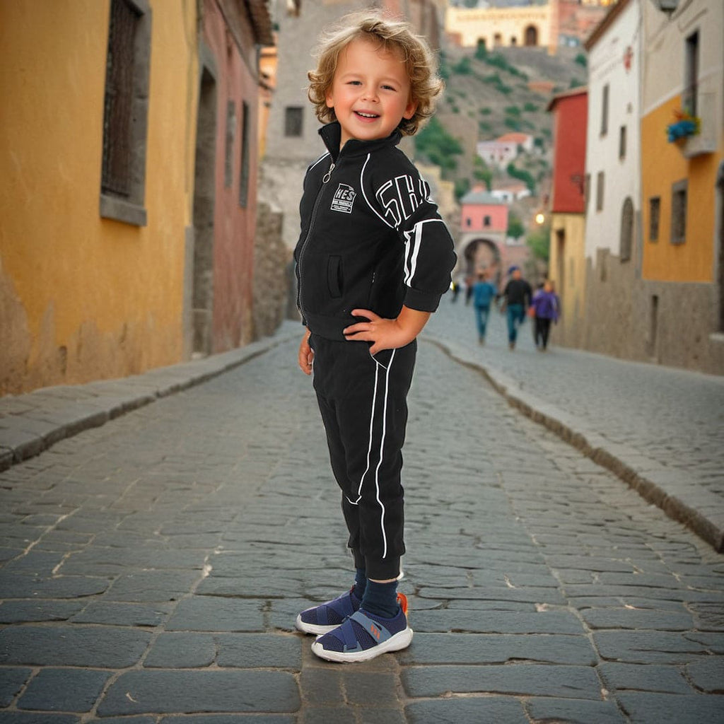 Boys Black Printed Track Suit Set