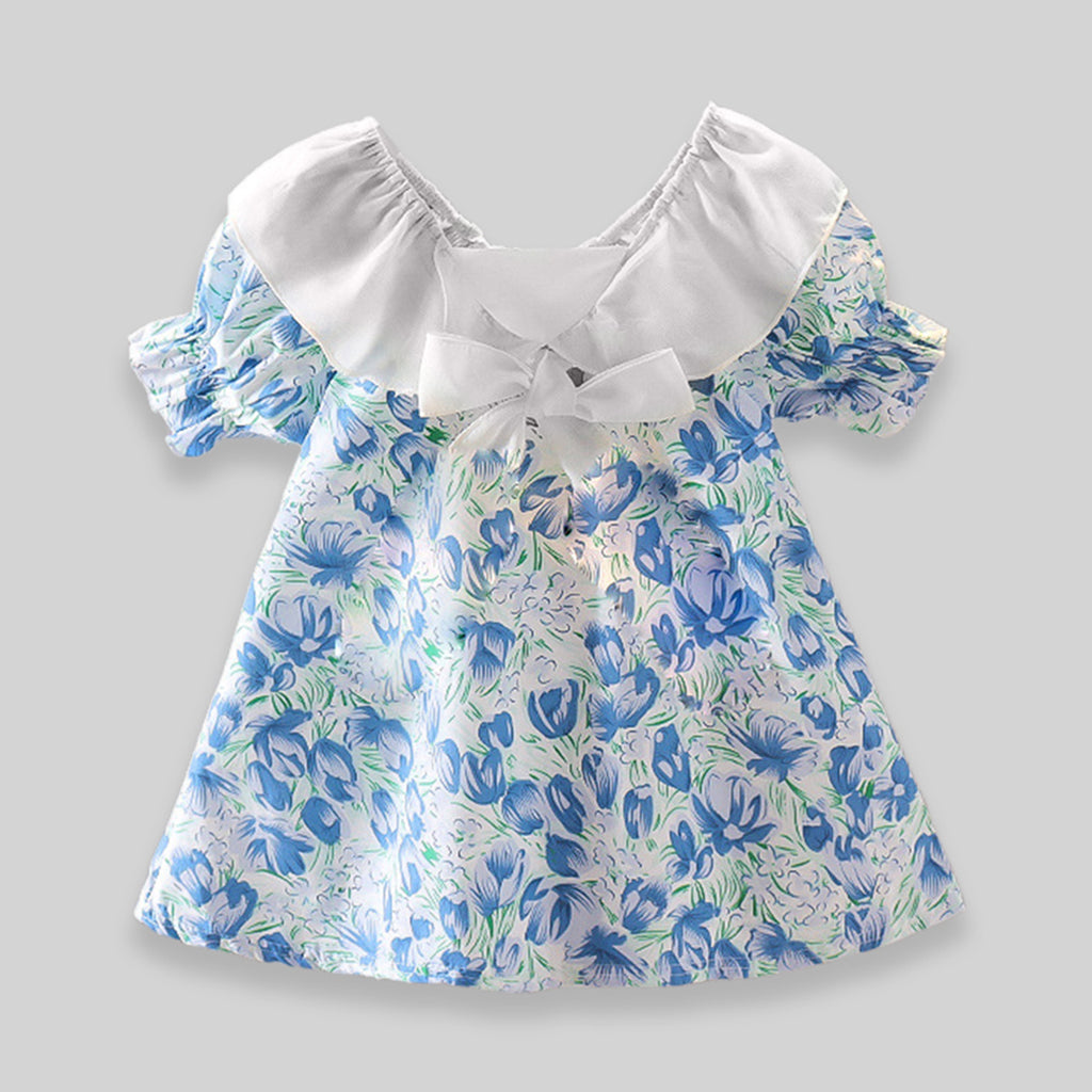 Girls Printed Puffed Sleeves Dress with Bow
