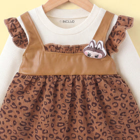 Girls Brown Leopard Print Round Neck Pinafore Dress Casual Dresses