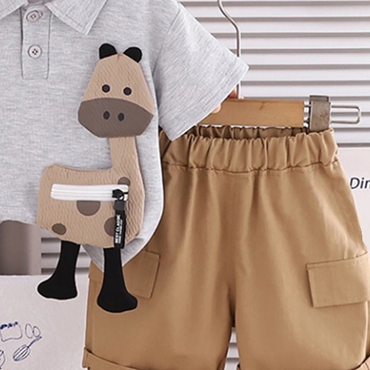 Boys Light Grey Animal Applique Short Sleeve Polo T-Shirt With Elasticated Shorts Sets 2 pc. Sets