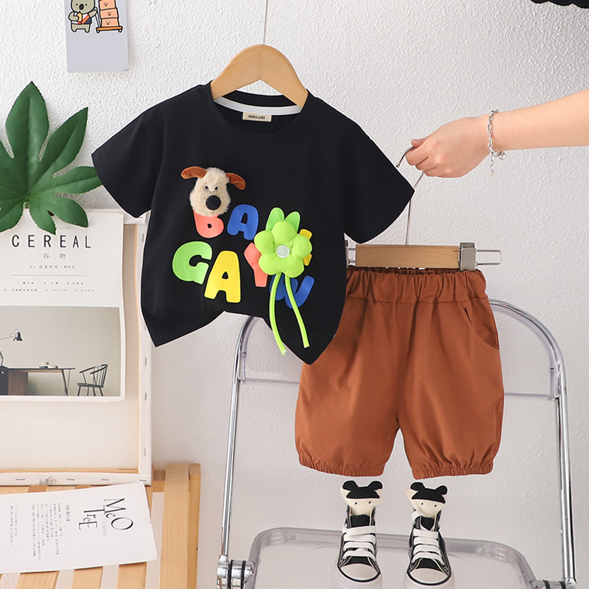 Boys Black Flower Applique Short Sleeves T-Shirt With Shorts Set 2 pc. Sets Black 1-2 Y