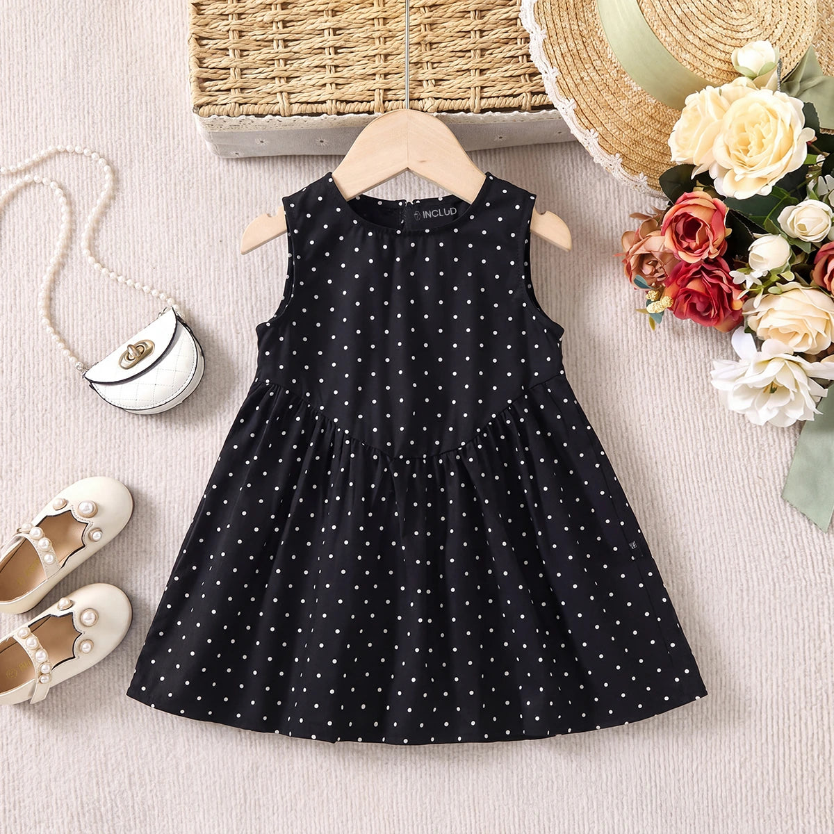 Girls Black Polka Dot print Sleeveless A-Line Dress Casual Dresses Black 1-2 Y