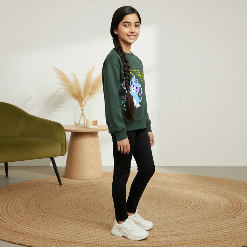 Girls Green Graphics Regular Sweatshirt Sweatshirts & Hoodies