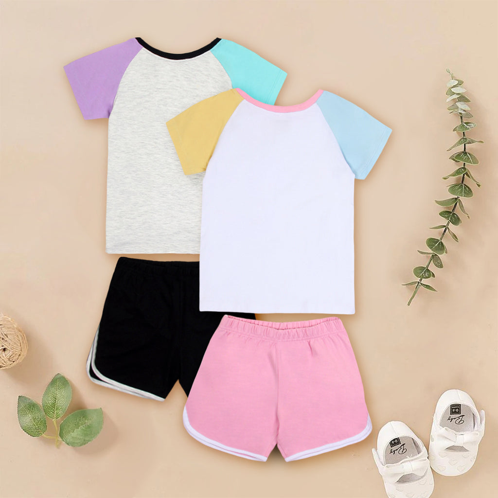 Girls Multicolor Color-blocked Raglan Sleeve T-Shirt With Sets - Pack of 2 Sets