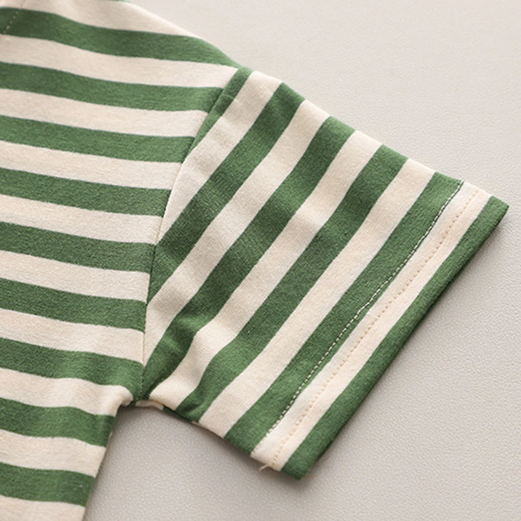 Boys Green Dog Motif Striped Short Sleeve T-Shirt With Dungaree Sets 2 pc. Sets